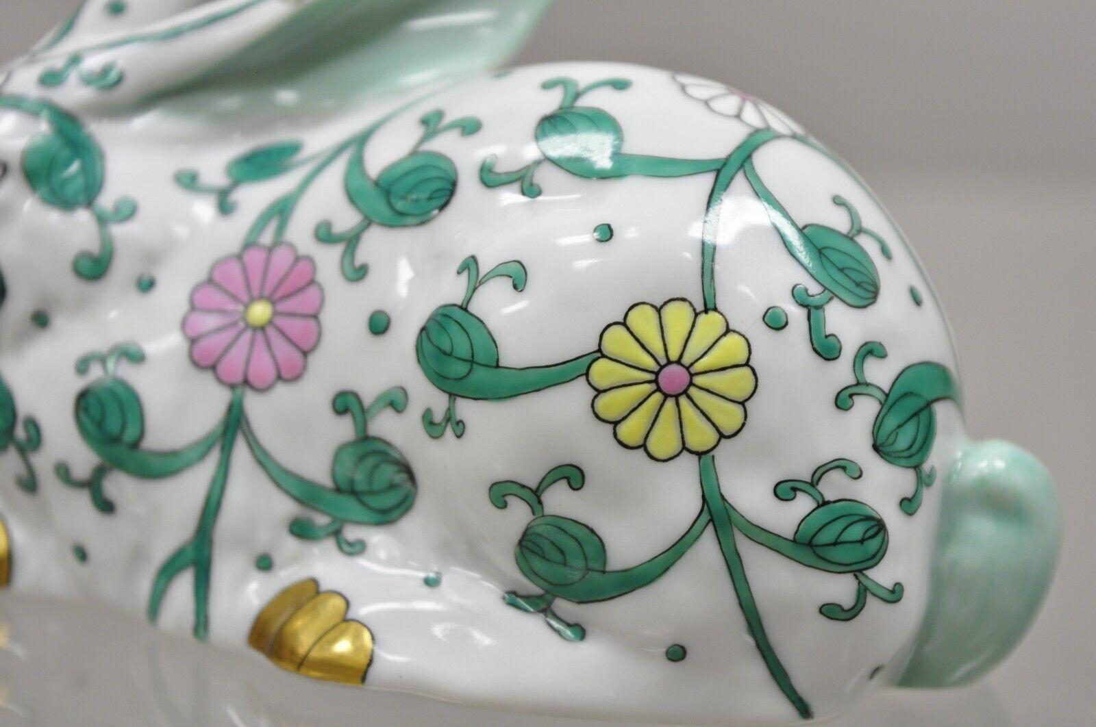 Modern Herend Hungary 15335 Porcelain SBC Siang Blanc Green Flower Bunny Rabbit Figure
