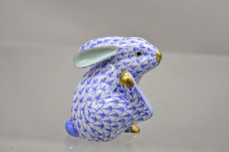 Herend Hungary 15387 Blue White Fishnet Porcelain Scratching Bunny Rabbit Figure. Circa Late 20th Century. Measurements: 3