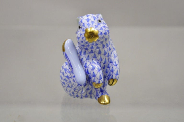 Herend Hungary 15387 Blue White Fishnet Porcelain Scratching Bunny Rabbit Figure In Good Condition In Philadelphia, PA