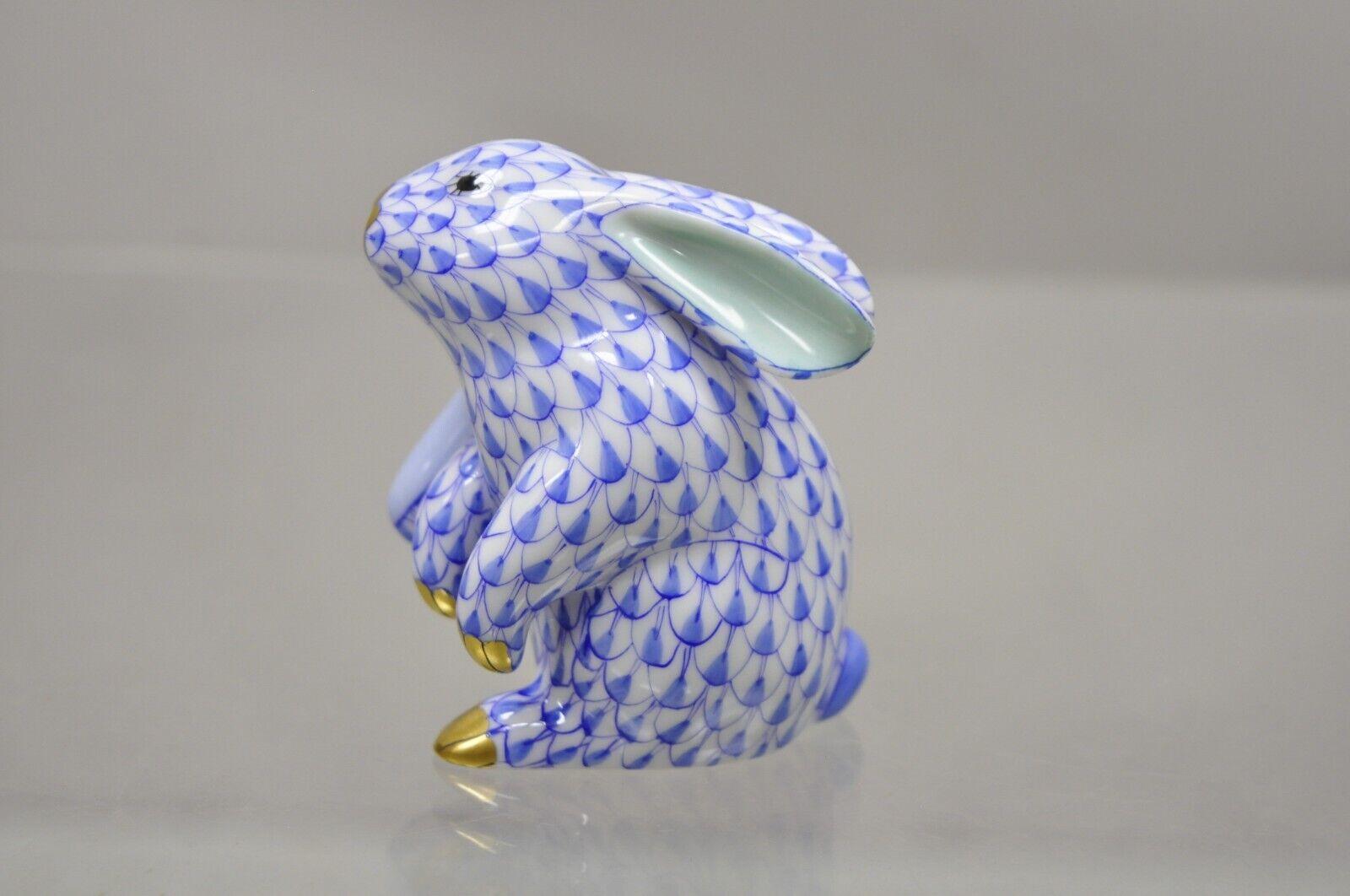 20th Century Herend Hungary 15387 Blue White Fishnet Porcelain Scratching Bunny Rabbit Figure