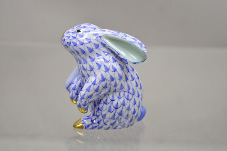 20th Century Herend Hungary 15387 Blue White Fishnet Porcelain Scratching Bunny Rabbit Figure