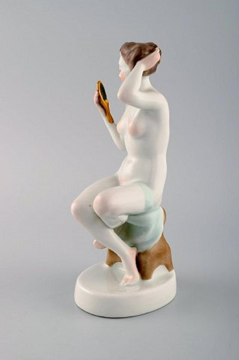 Hungarian Herend, Hungary, Art Deco Figure in Hand Painted Porcelain, Girl with Mirror