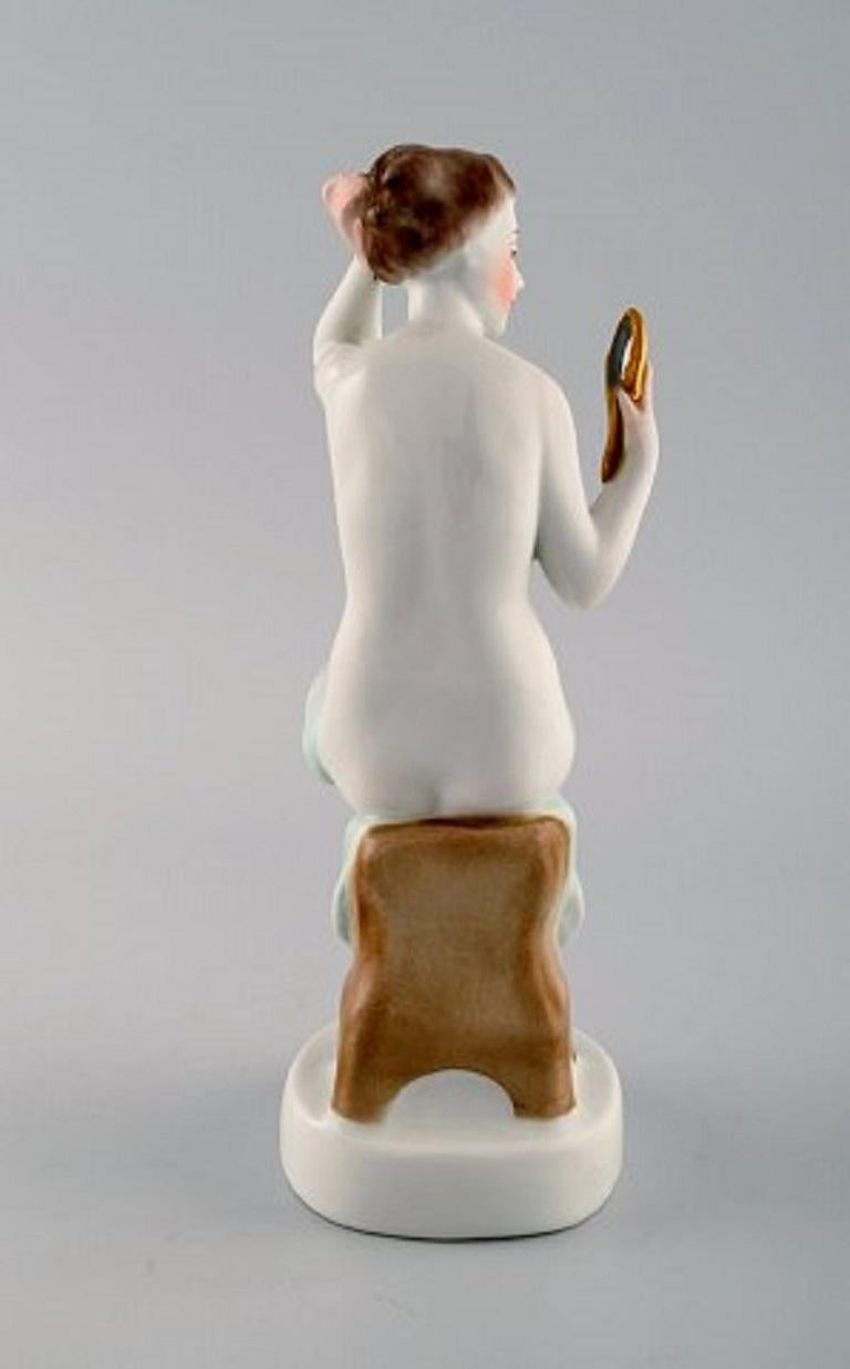 Herend, Hungary, Art Deco Figure in Hand Painted Porcelain, Girl with Mirror 1