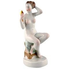 Herend, Hungary, Art Deco Figure in Hand Painted Porcelain, Girl with Mirror