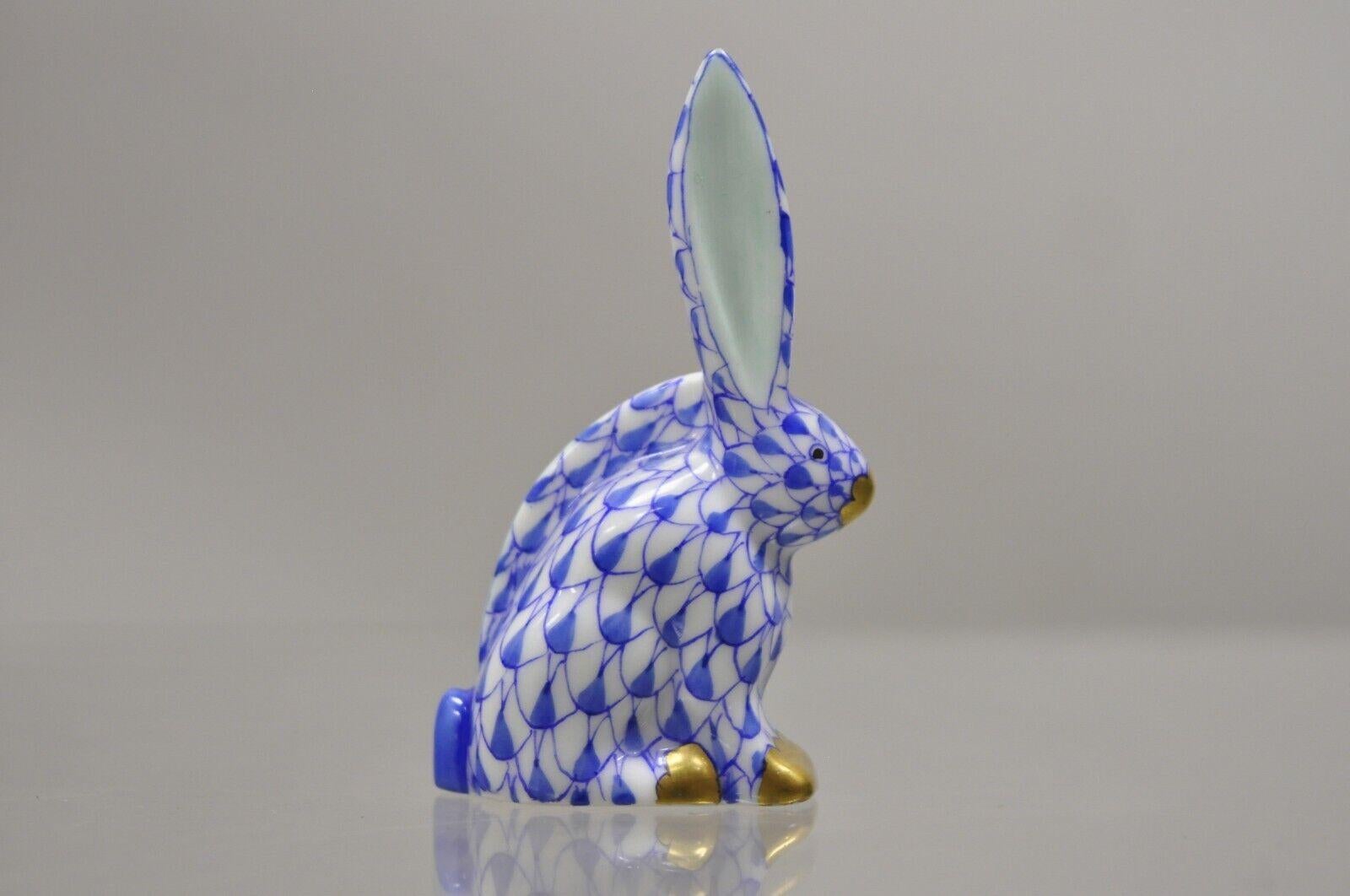 Herend Hungary blue white fishnet small porcelain one ear up bunny rabbit figurine. Circa Late 20th century. Measurements: 2.25