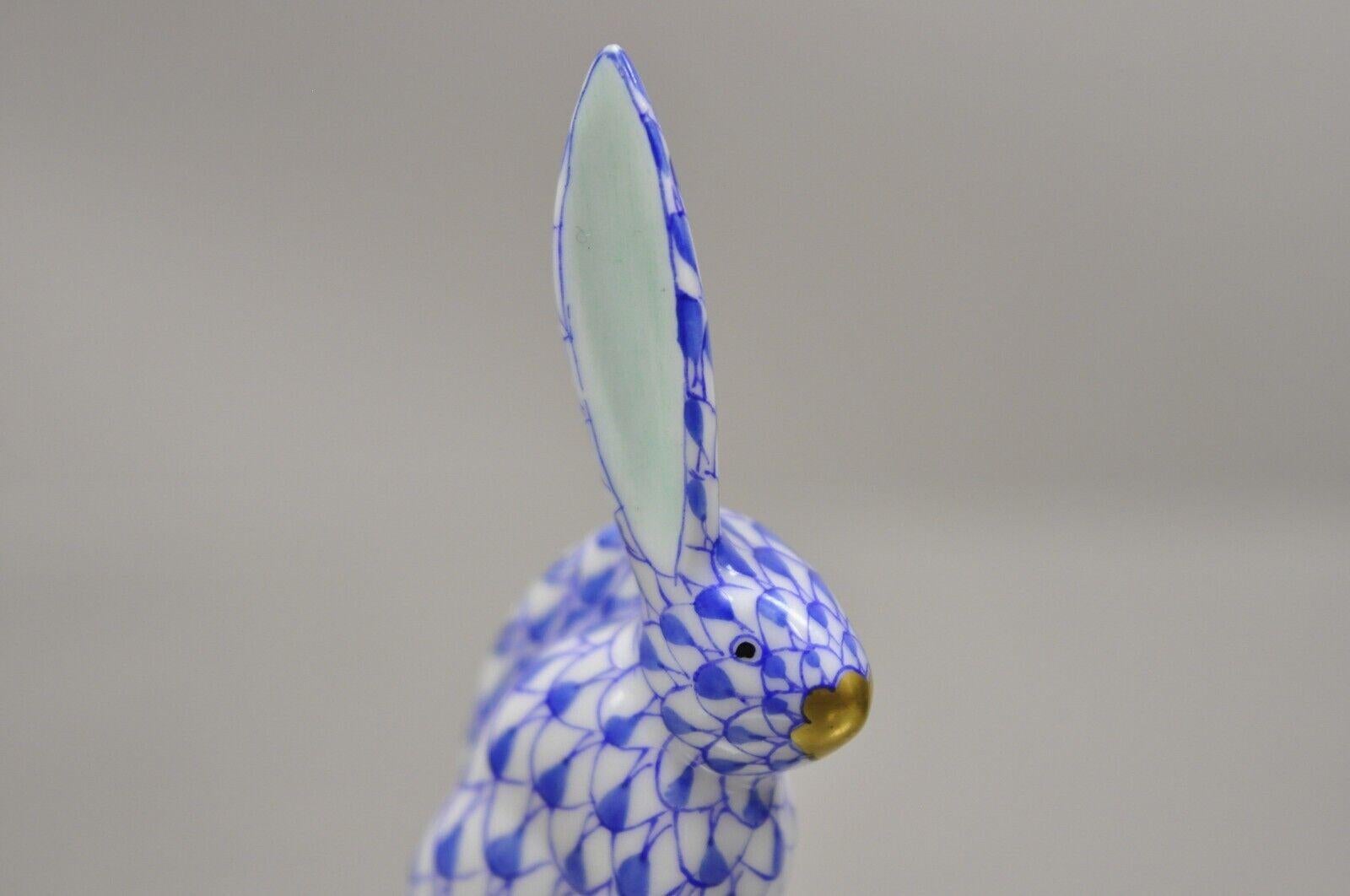 Modern Herend Hungary Blue White Fishnet Porcelain One Ear Up Bunny Rabbit Figurine