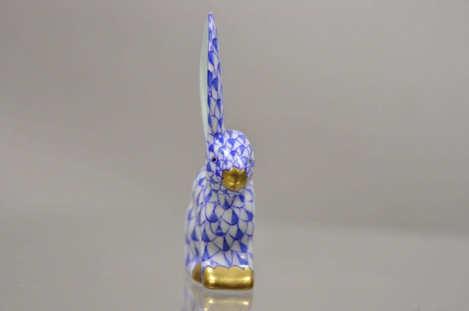 Herend Hungary Blue White Fishnet Porcelain One Ear Up Bunny Rabbit Figurine In Good Condition In Philadelphia, PA