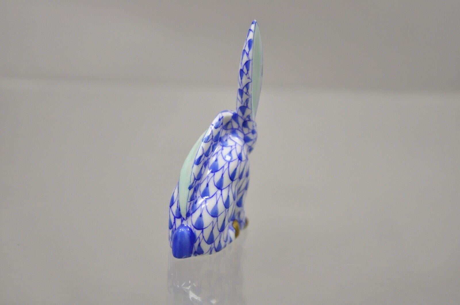20th Century Herend Hungary Blue White Fishnet Porcelain One Ear Up Bunny Rabbit Figurine
