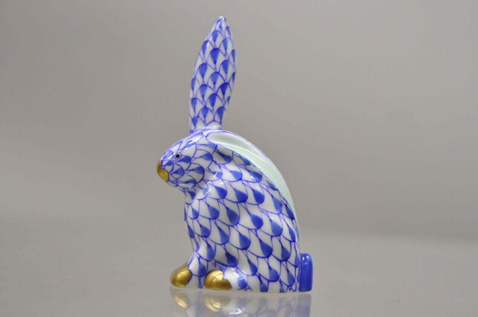 Herend Hungary Blue White Fishnet Porcelain One Ear Up Bunny Rabbit Figurine 3