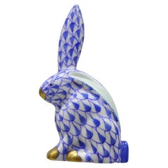 Used Herend Hungary Blue White Fishnet Porcelain One Ear Up Bunny Rabbit Figurine