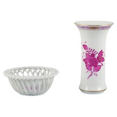 Retro Herend, Hungary, Chinese Bouquet Raspberry. Small bowl and vase in porcelain