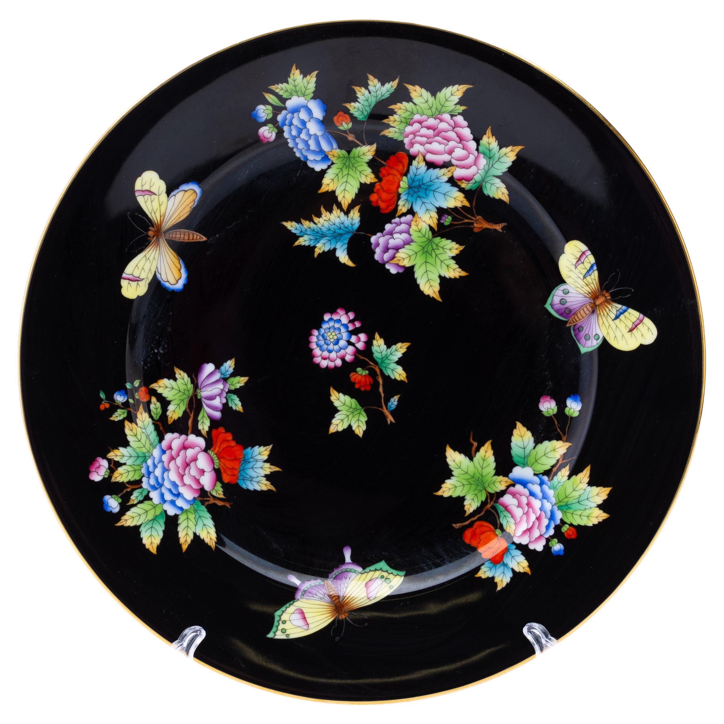 Herend Hungary Fine Black Ground Porcelain Queen Victorian Plate