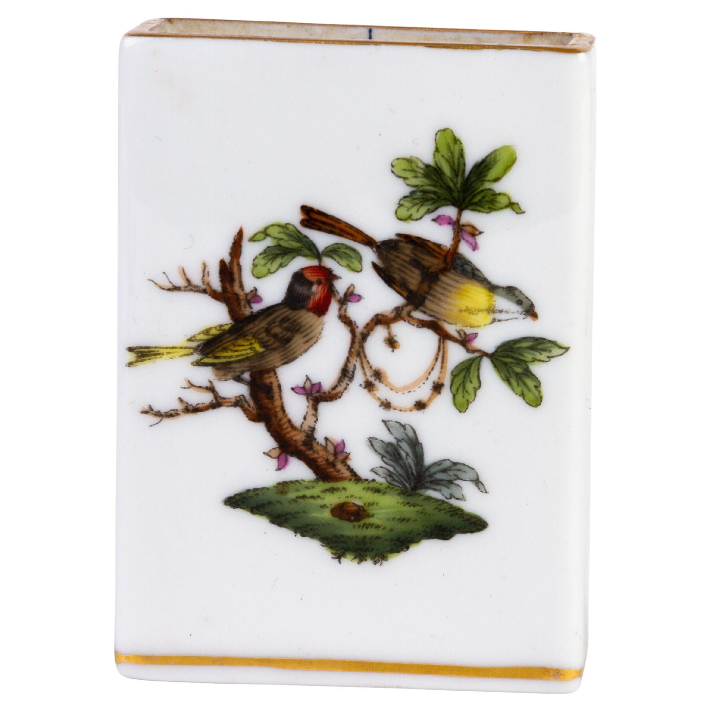 Herend Hungary Fine Porcelain Painted Birds Matchbox Case For Sale