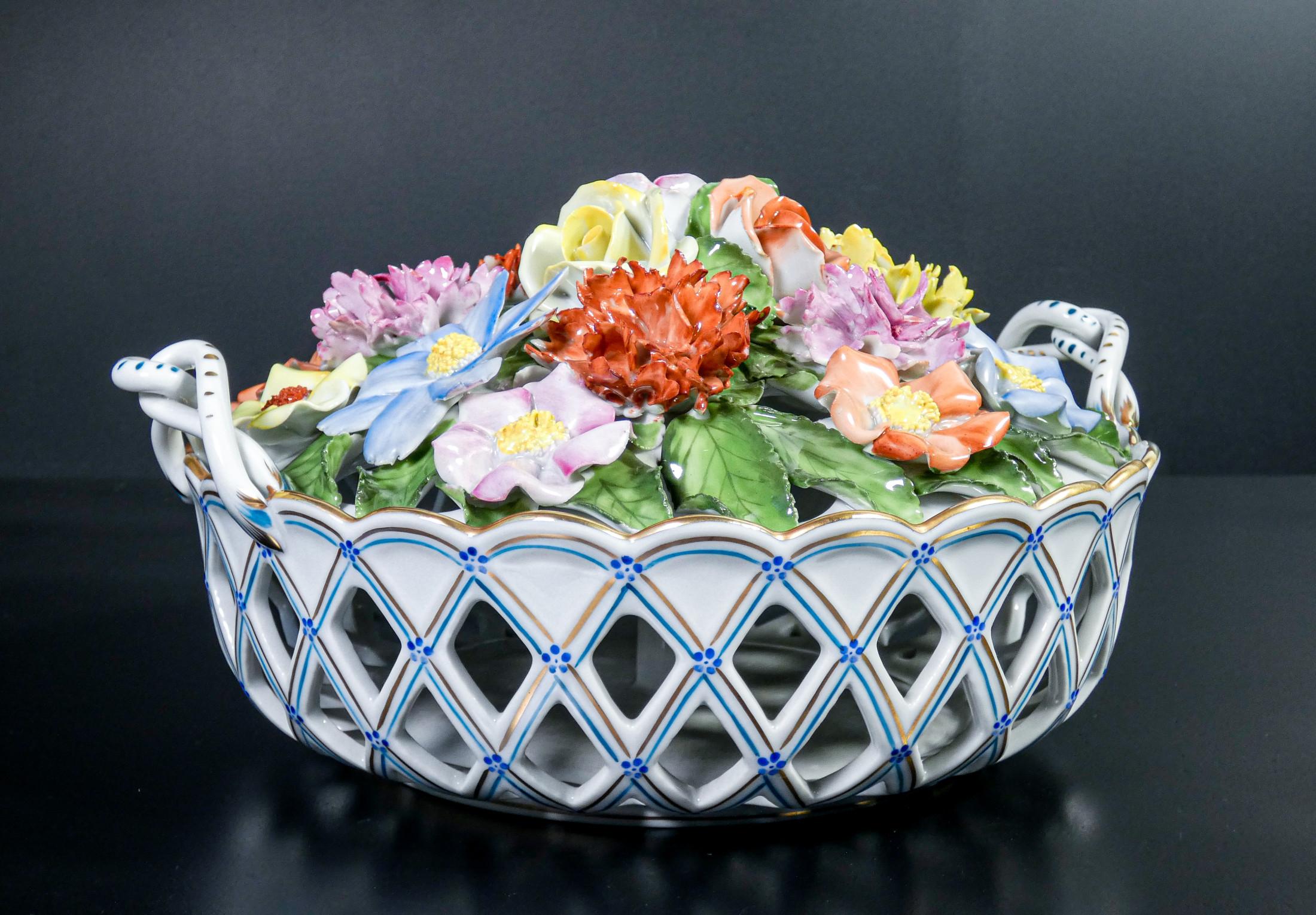 Hungarian Herend Hungary, Flower Basket, Hand Modeled and Painted Ceramic, 20th C