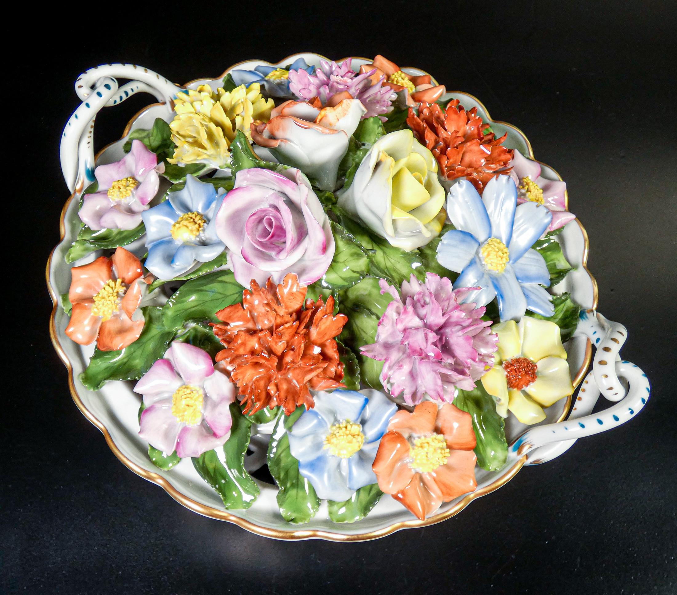 20th Century Herend Hungary, Flower Basket, Hand Modeled and Painted Ceramic, 20th C