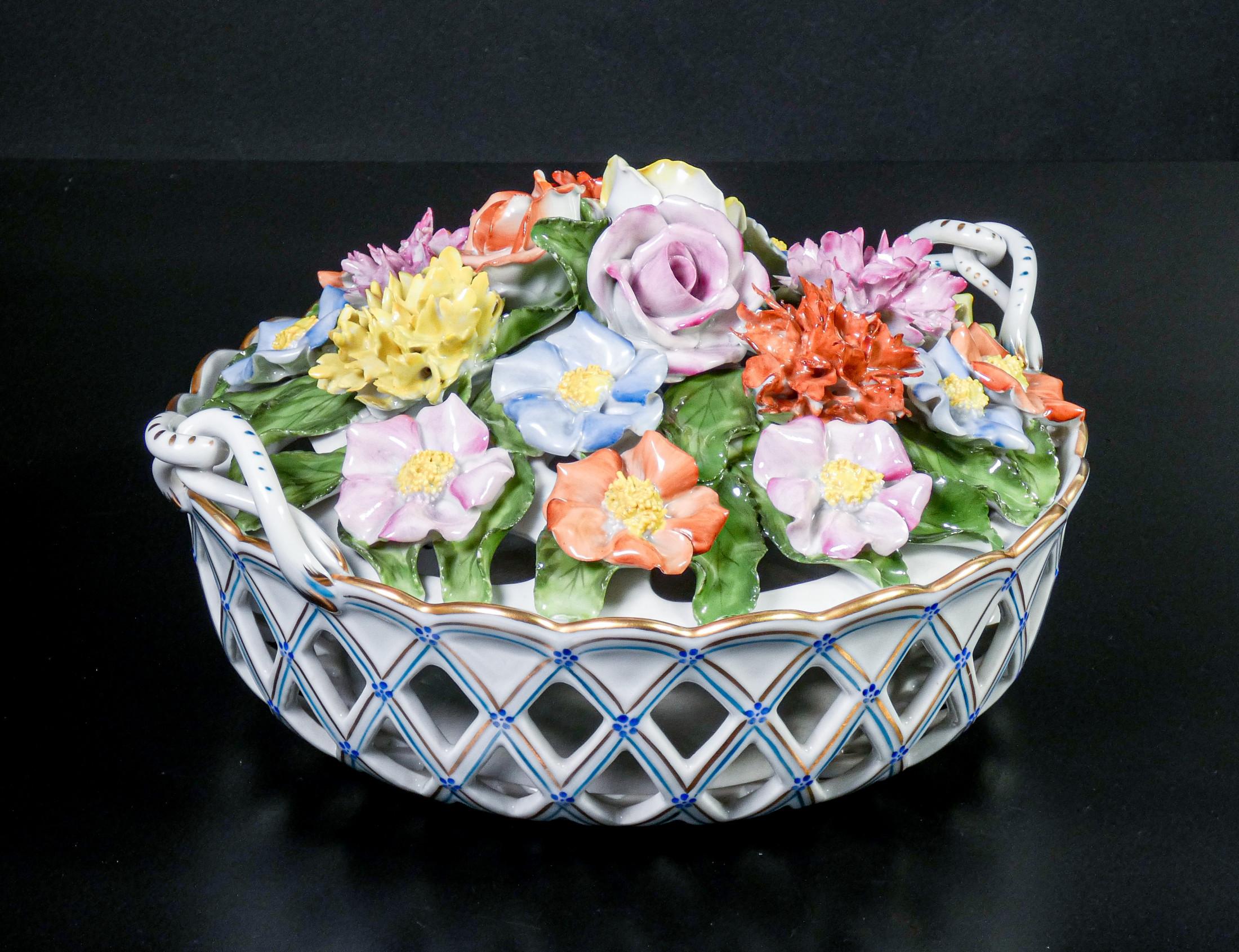 Herend Hungary, Flower Basket, Hand Modeled and Painted Ceramic, 20th C 1