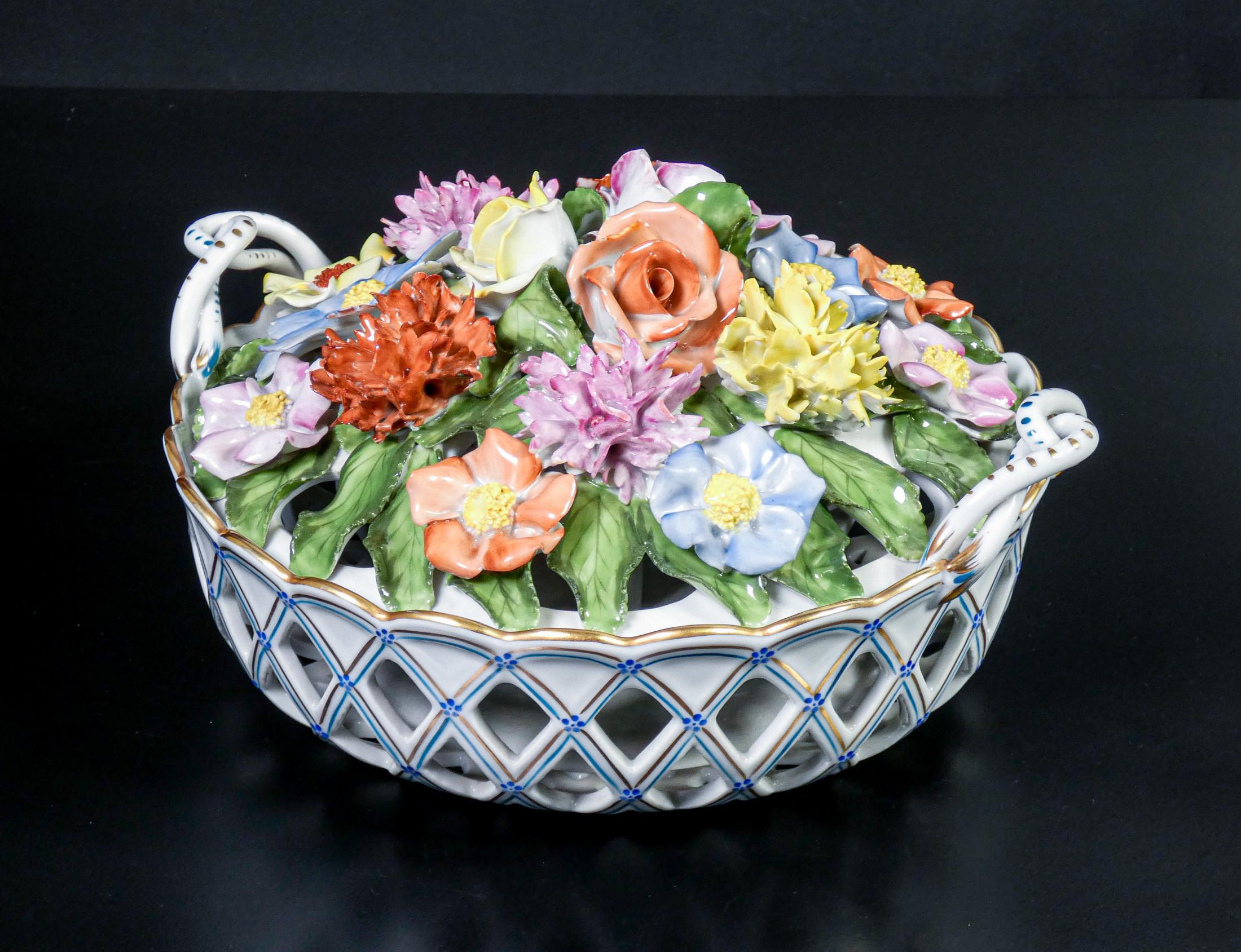 Herend Hungary, Flower Basket, Hand Modeled and Painted Ceramic, 20th C 2