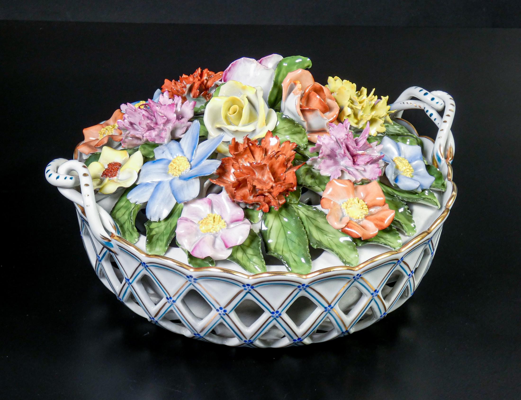 Herend Hungary, Flower Basket, Hand Modeled and Painted Ceramic, 20th C 3