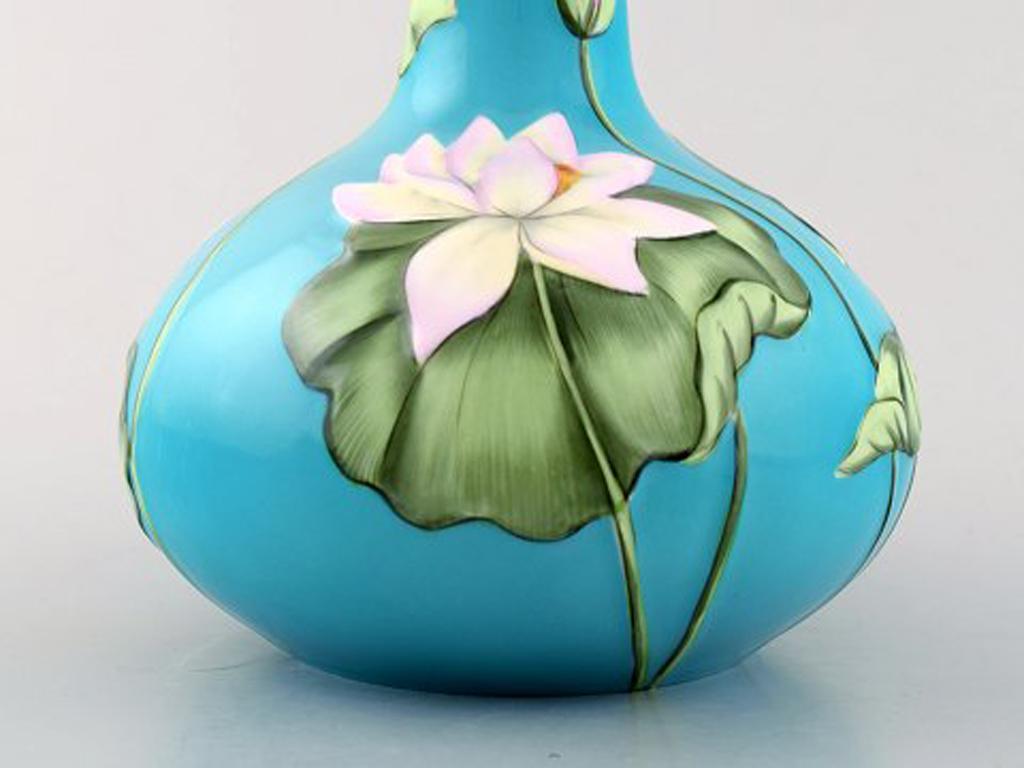 Herend Hungary, Hand Painted Art Nouveau Vase with Water Lilies and Butterflies In Excellent Condition In Copenhagen, DK