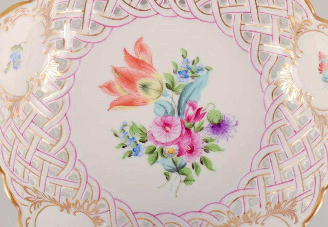 Hand-Painted Herend, Hungary. Open lace porcelain bowl with hand-painted flower motifs For Sale