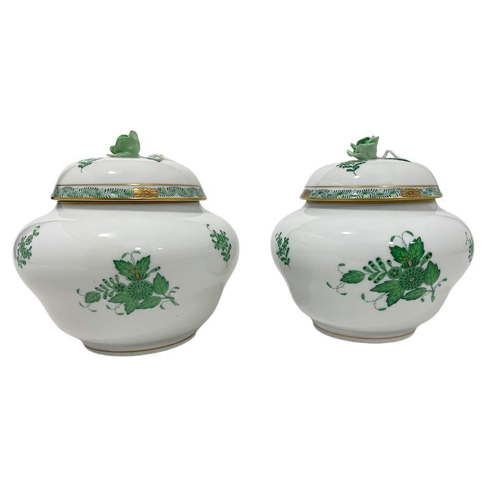 Herend Hungary Porcelain "Apponyi Green" Ginger Jars, 1930-1960 For Sale