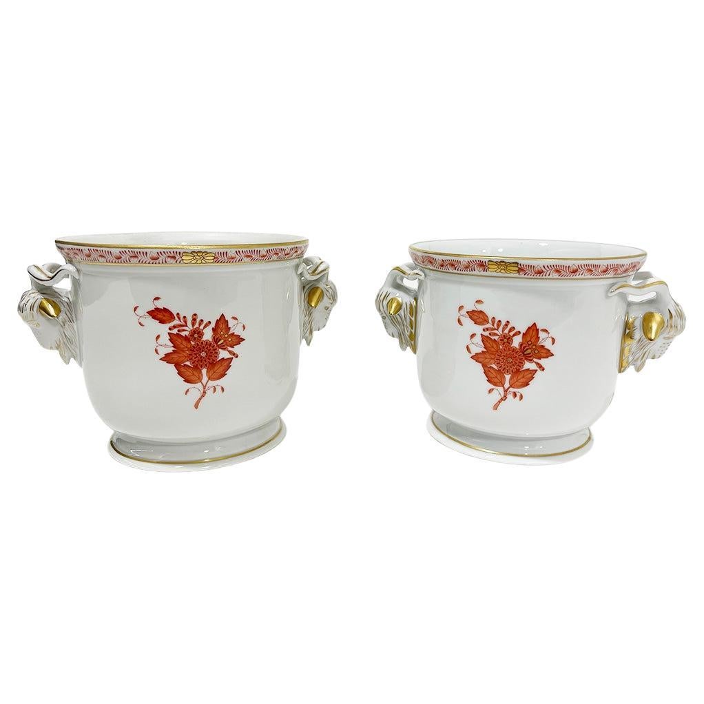 Herend Hungary Porcelain Apponyi Orange Ram Head Cachepots For Sale