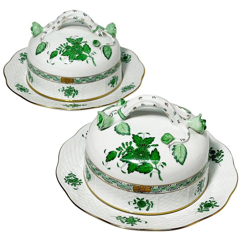 Herend Hungary Porcelain "Chinese Bouquet Apponyi Green" 2 Large Butter Dishes