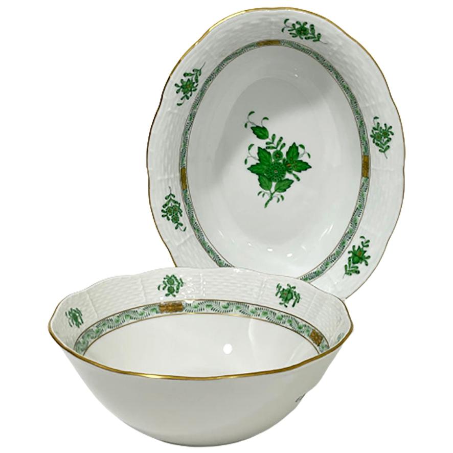 Herend Hungary Porcelain "Chinese Bouquet Apponyi Green" Bowl and Oval Dish For Sale