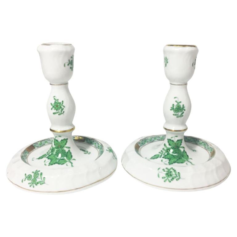 Herend Hungary Porcelain "Chinese Bouquet Apponyi Green" Candleholders