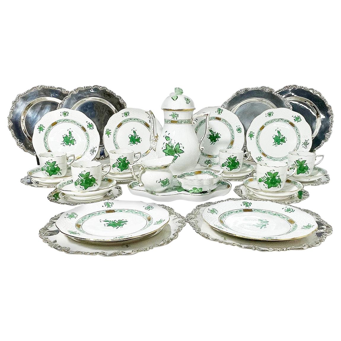 Herend Porcelain "Chinese Bouquet Apponyi Green" Coffee Set with Silver plates For Sale