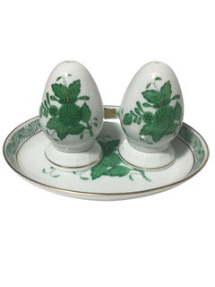 Herend Hungary Porcelain "Chinese Bouquet Apponyi Green" Egg Cups and Shakers