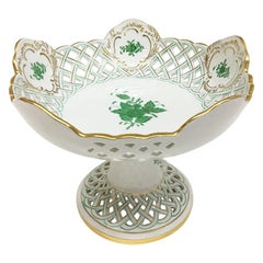 Herend Hungary Porcelain "Chinese Bouquet Apponyi Green" Fruit Bowl on Foot