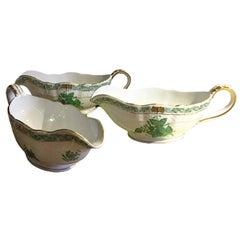 Vintage Herend Hungary Porcelain "Chinese Bouquet Apponyi Green" Gravy Boats