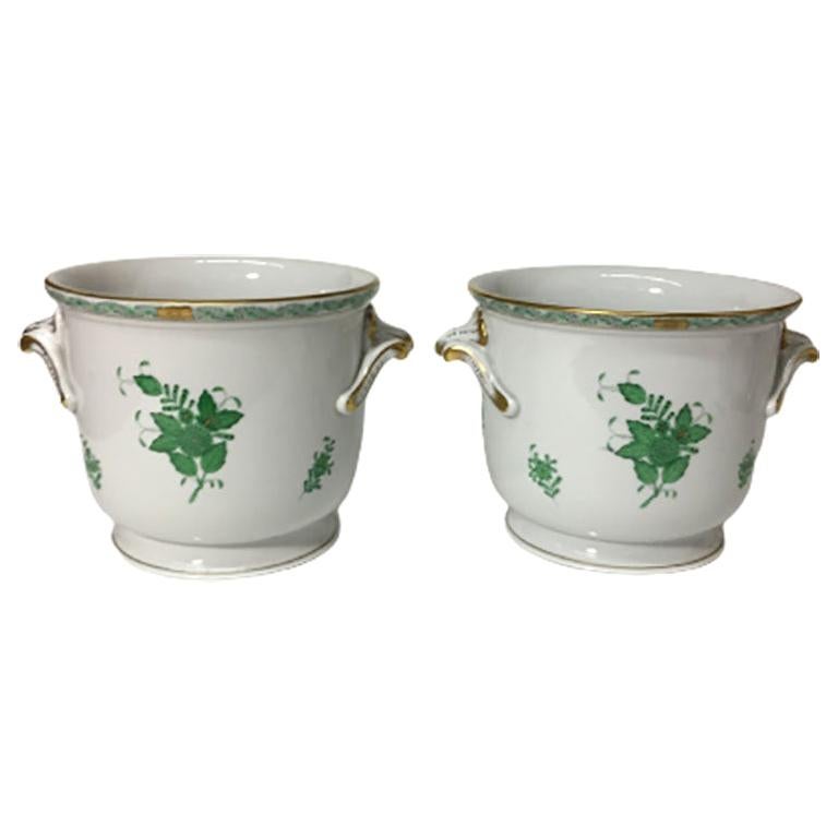 Herend Hungary Porcelain "Chinese Bouquet Apponyi Green" Large Cache Pots For Sale