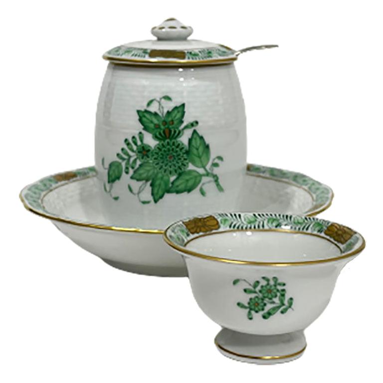 Herend Hungary Porcelain "Chinese Bouquet Apponyi Green" Mustard Set