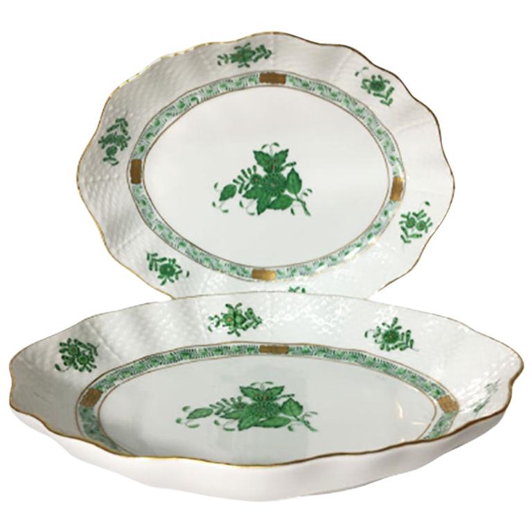 Herend Hungary Porcelain "Chinese Bouquet Apponyi Green" Oval Dishes