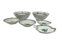 Herend Hungary Porcelain "Chinese Bouquet Apponyi Green" Set Bowls and Leaf Dish