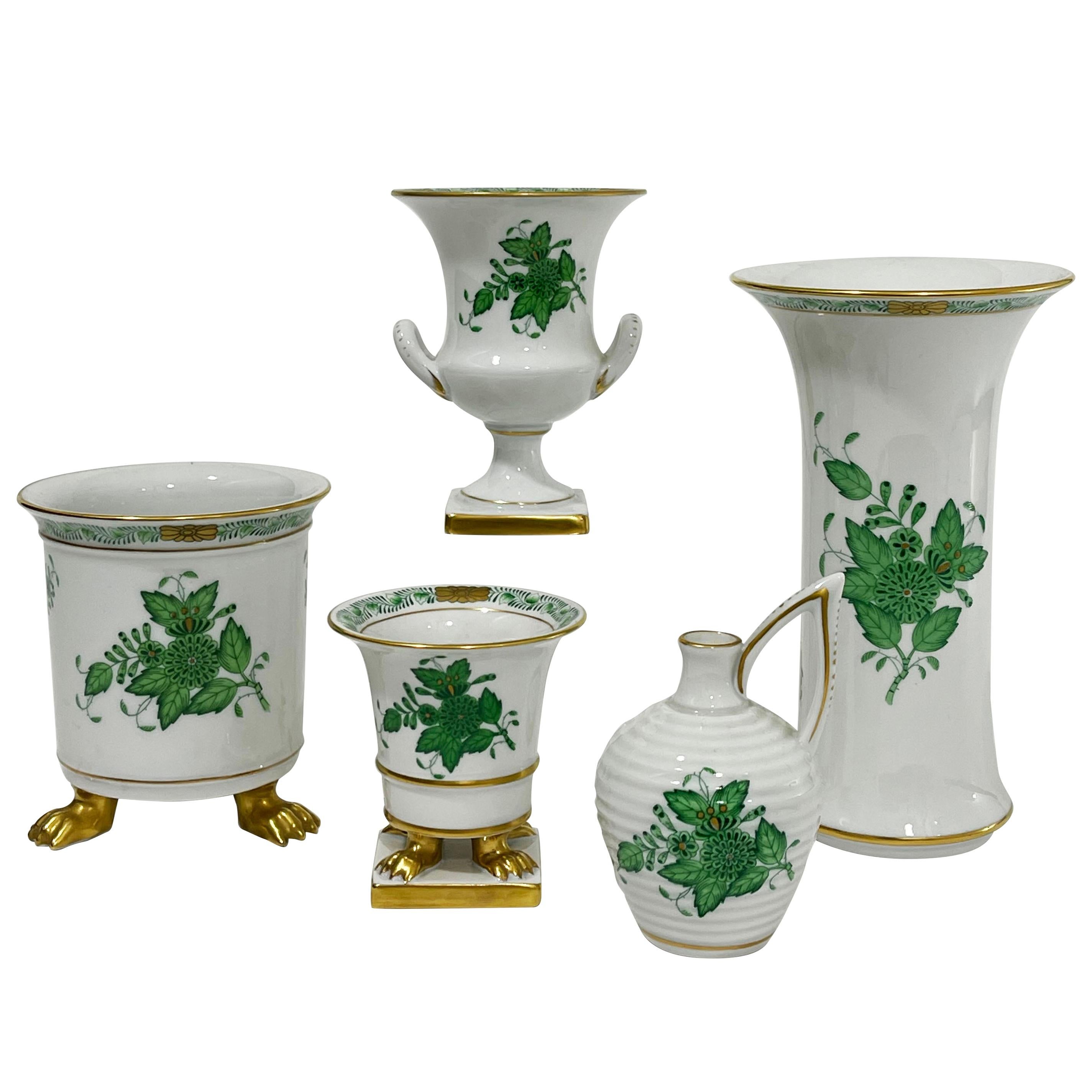 Herend Hungary Porcelain "Chinese Bouquet Apponyi Green" Set of 5 Small Vases