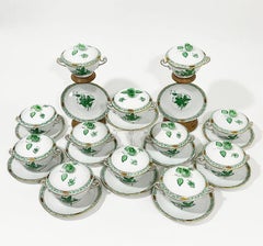 Herend Hungary Porcelain "Chinese Bouquet Apponyi Green" Soup Cups and Saucers