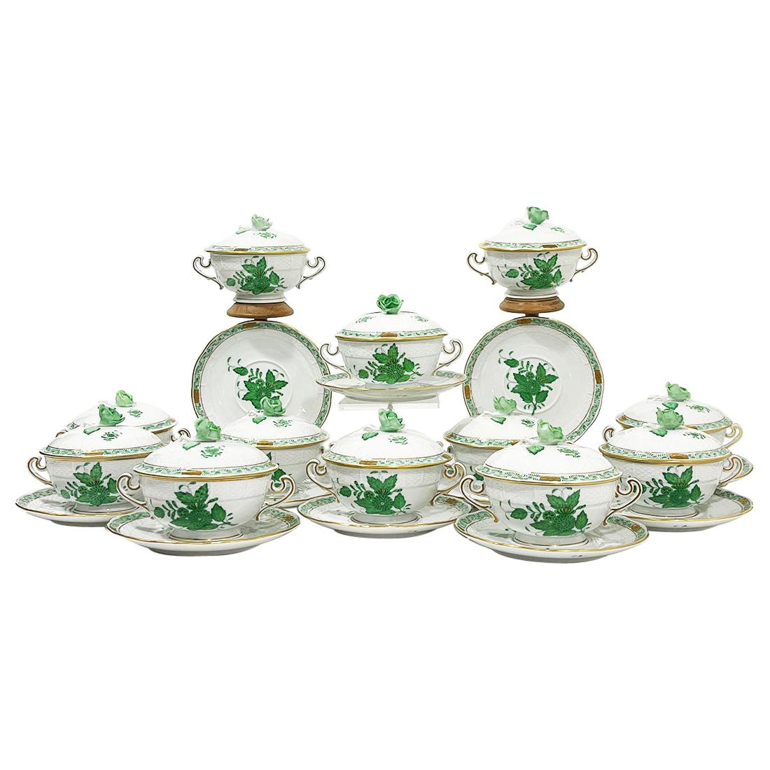 Herend Hungary Porcelain "Chinese Bouquet Apponyi Green" Soup Cups and Saucers