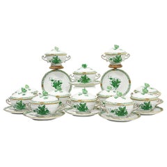 Vintage Herend Hungary Porcelain "Chinese Bouquet Apponyi Green" Soup Cups and Saucers