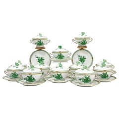 Herend Hungary Porcelain "Chinese Bouquet Apponyi Green" Soup Cups and Saucers