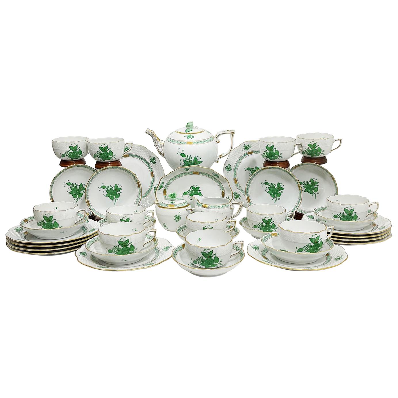 Herend Hungary Porcelain "Chinese Bouquet Apponyi Green" Tea Set for 12 Persons