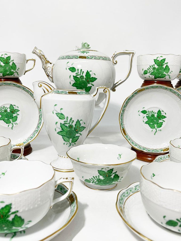 Herend Hungary Porcelain "Chinese Bouquet Apponyi Green" Tea Set For