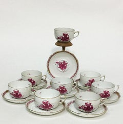 Herend Hungary Porcelain "Chinese Bouquet Raspberry" 8 Tea Cups and Saucers