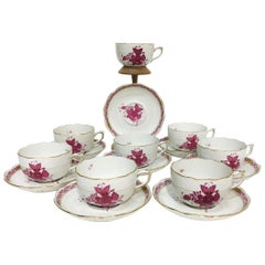 Vintage Herend Hungary Porcelain "Chinese Bouquet Raspberry" 8 Tea Cups and Saucers