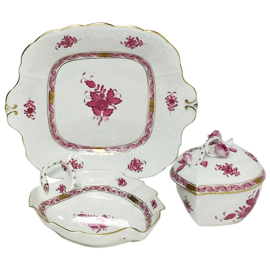 Herend Hungary Porcelain "Chinese Bouquet Raspberry" Box, Dish and Cake Plate For Sale
