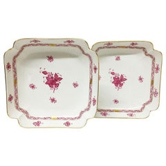 Vintage Herend Hungary Porcelain "Chinese Bouquet Raspberry" Square Salad Dishes