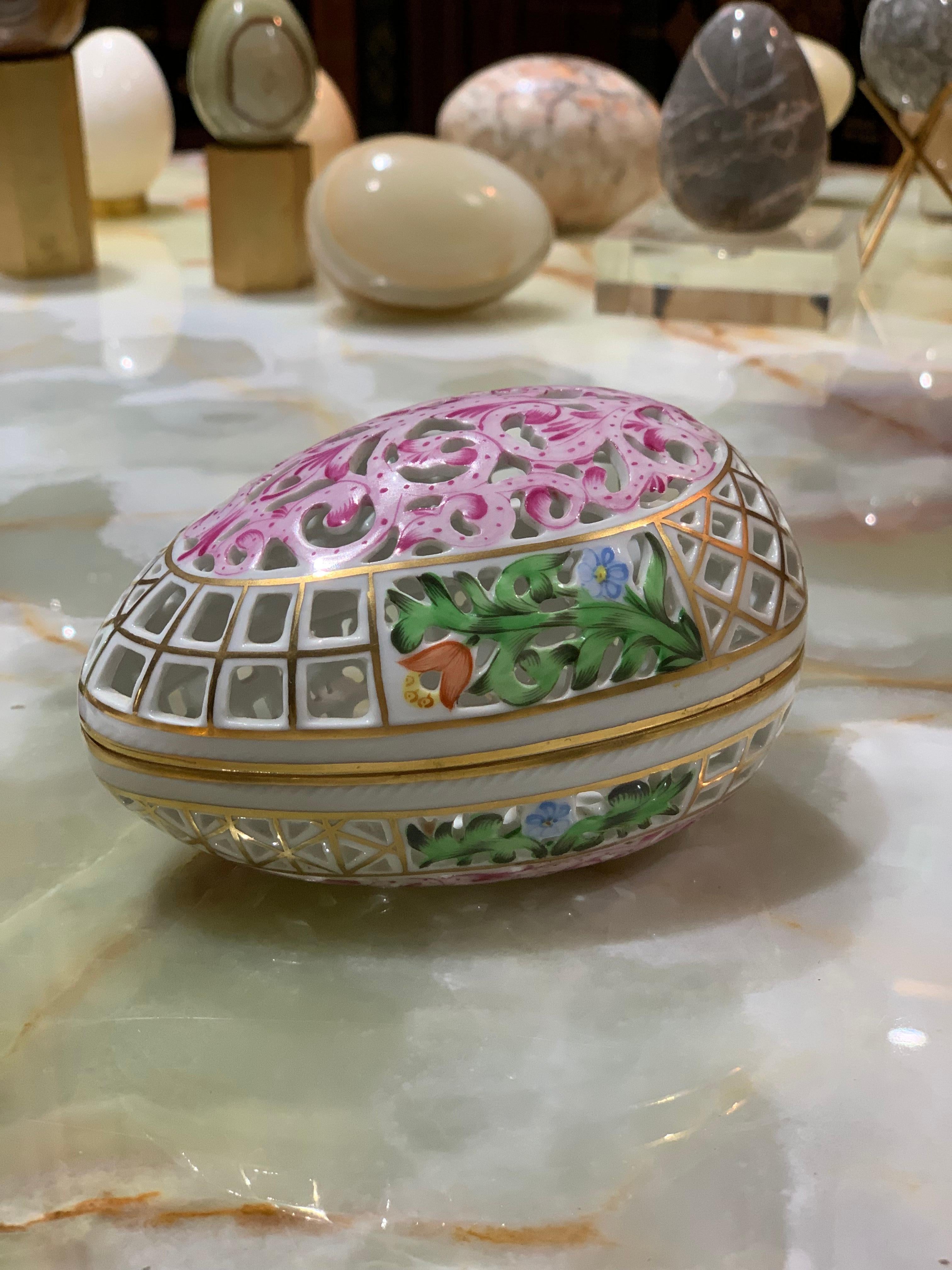 Hungarian Herend Hungary Porcelain Hand Painted Floral Gilt Pierced Egg-Shaped Box For Sale