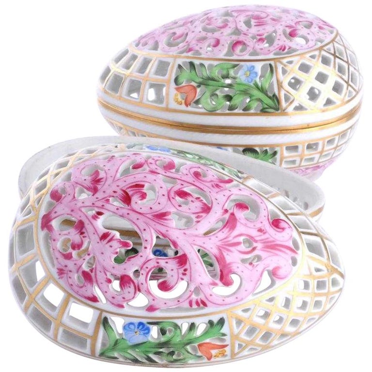 Herend Hungary Porcelain Hand Painted Floral Gilt Pierced EggShaped Box For Sale at 1stDibs